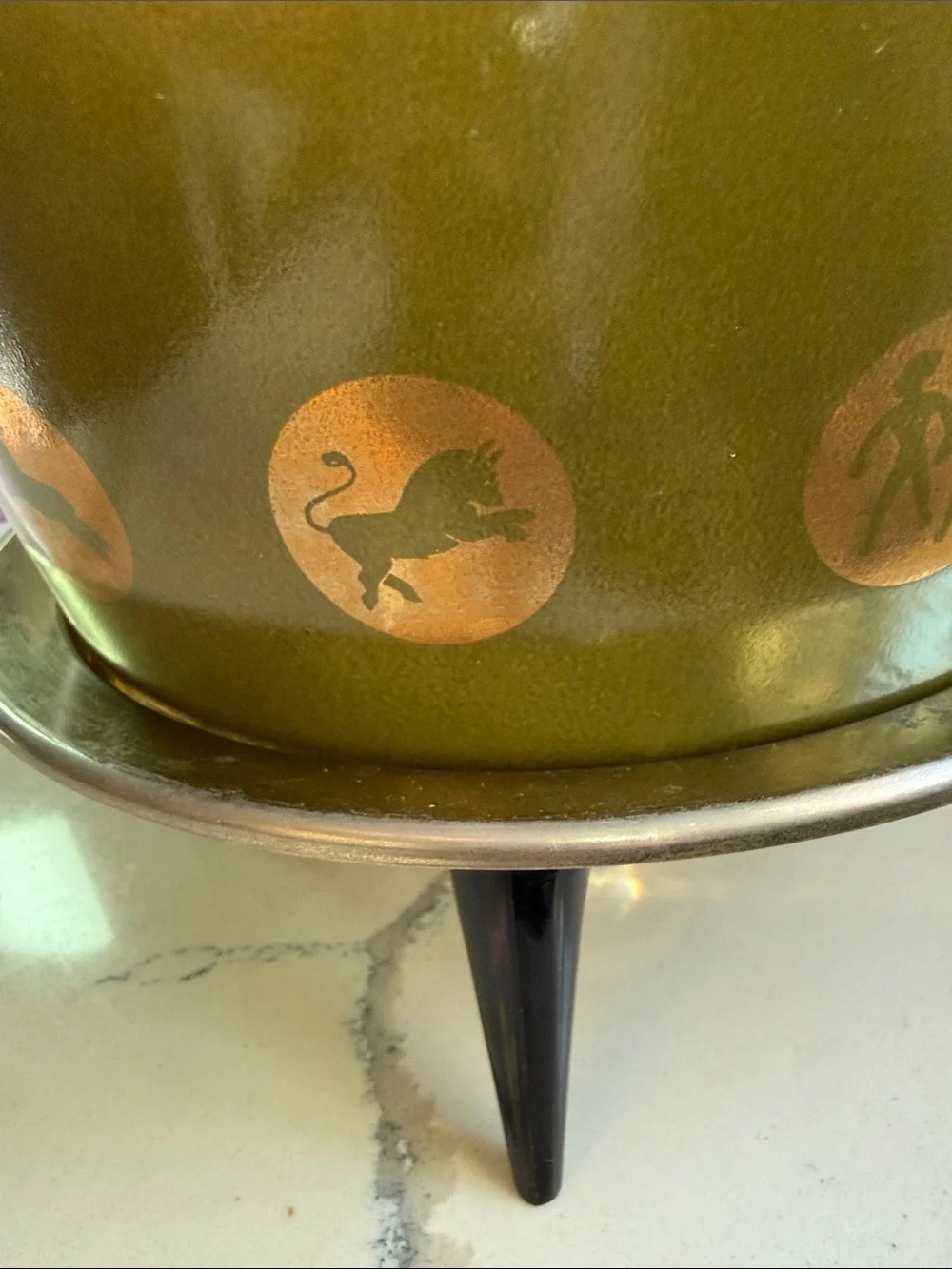 Olive Green Glass Casserole Dish with Lid - Zodiac Gold Motif Pyrex 1961